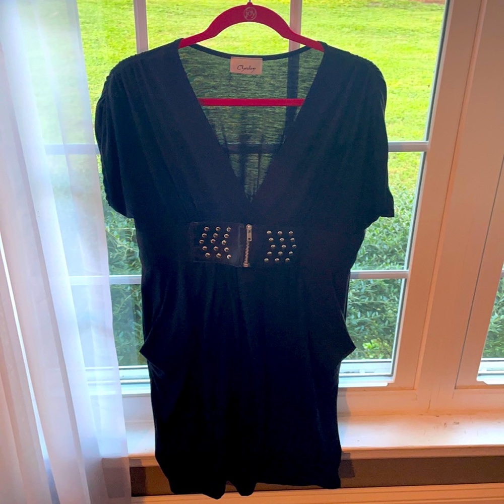 Black V Neck Tunic top/Dress silver stones SZ-LG